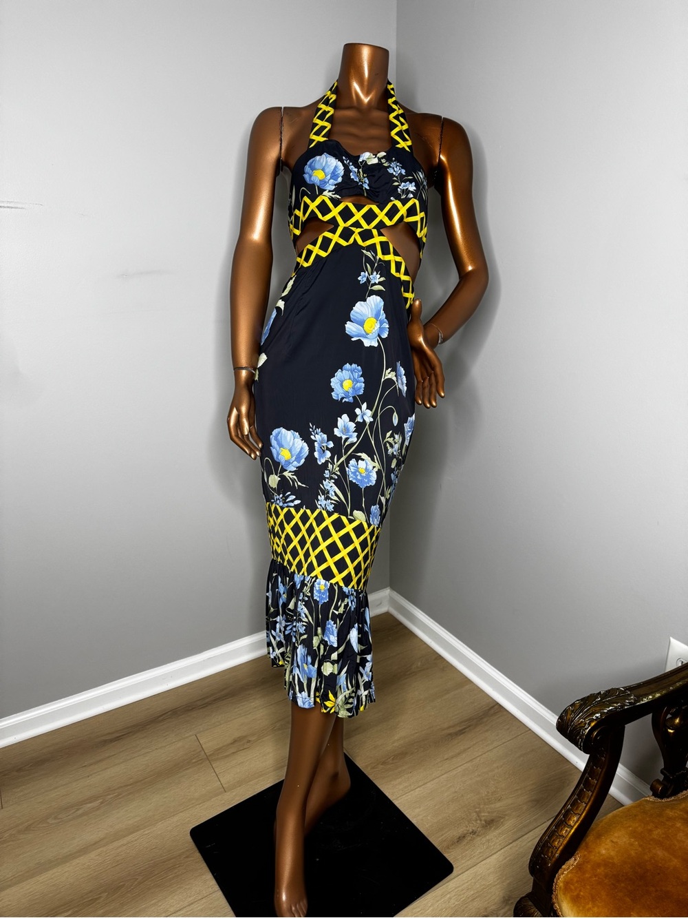 Alice McCall Navy Floral Halter Midi Dress with Yellow Lattice
